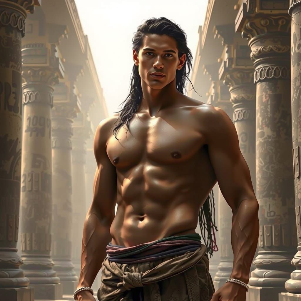 Serene Young Man in White Dhoti with Janeu Thread