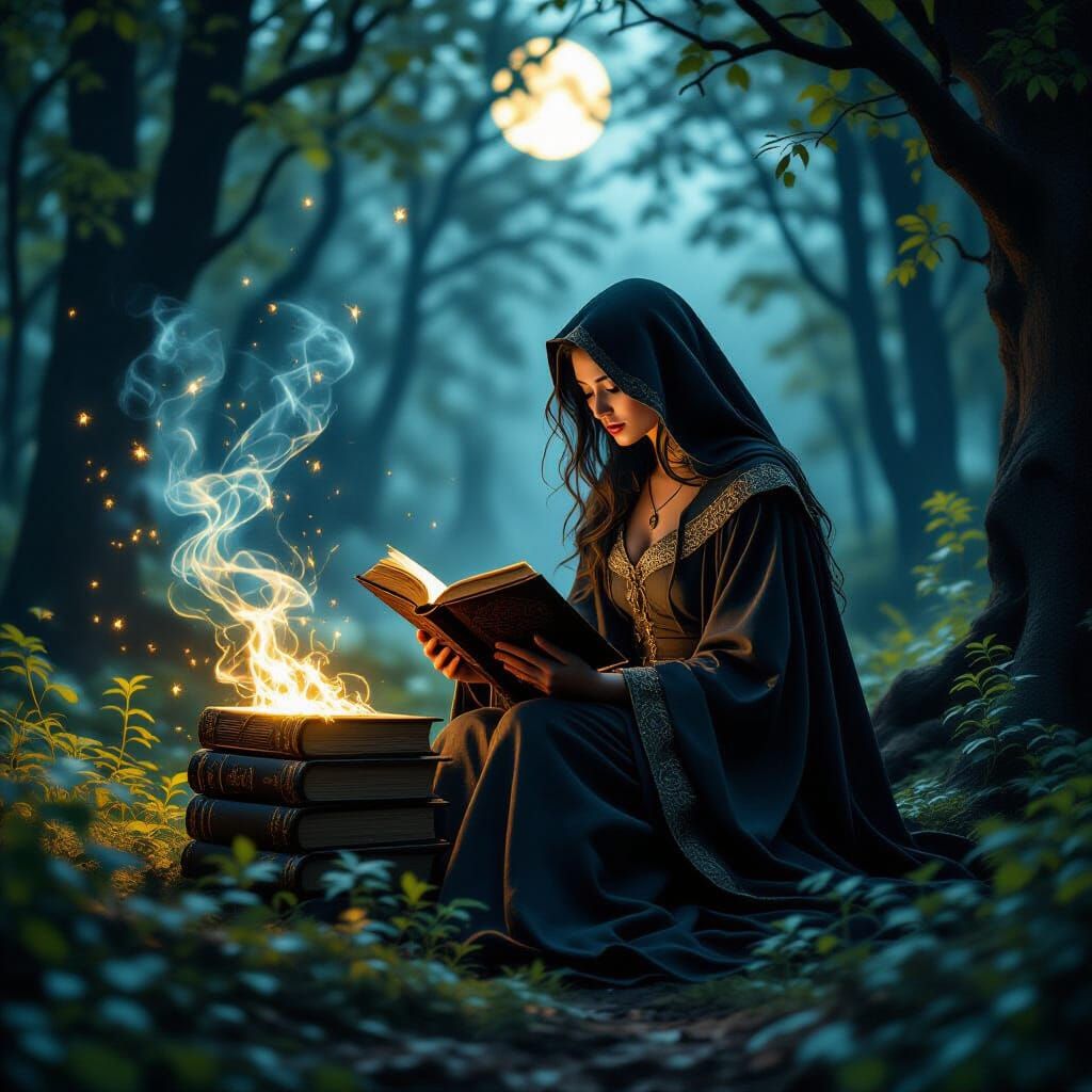 Mysterious Woman Reads Ancient Tome in Moonlit Enchanted For...