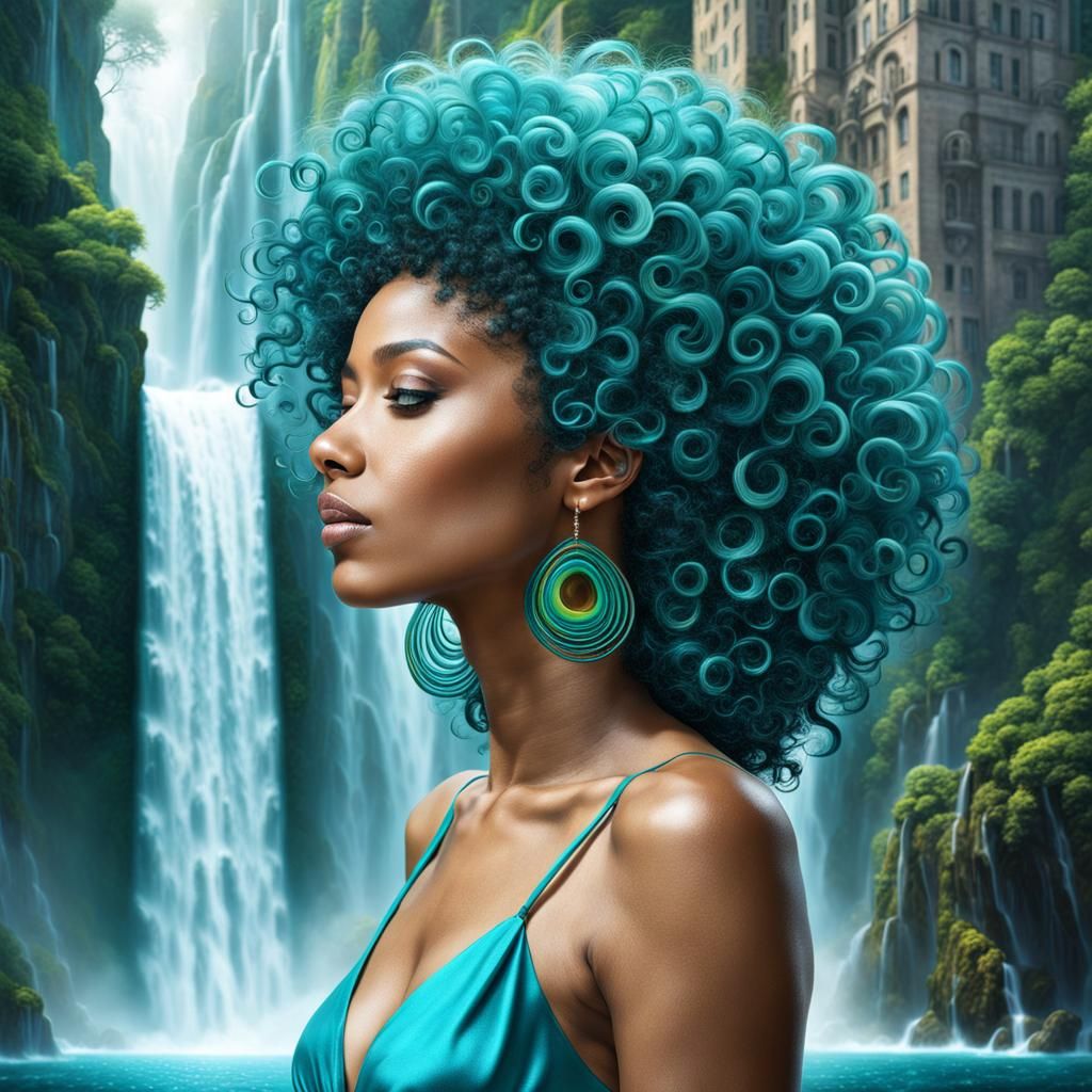 Teal Afro Waterfalls: Psychedelic Concept Art