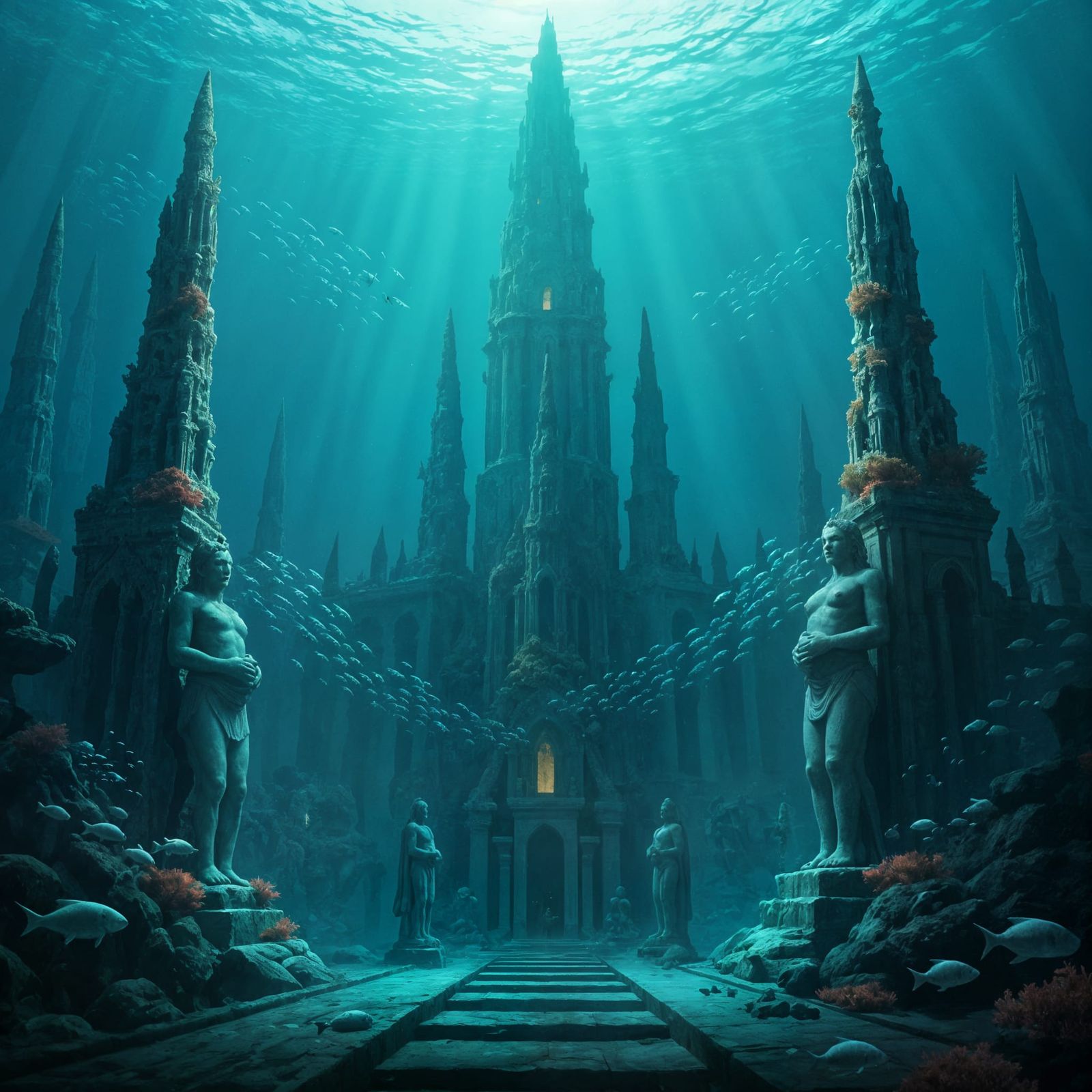 Submerged Atlantean City in Classical Oil Painting Style