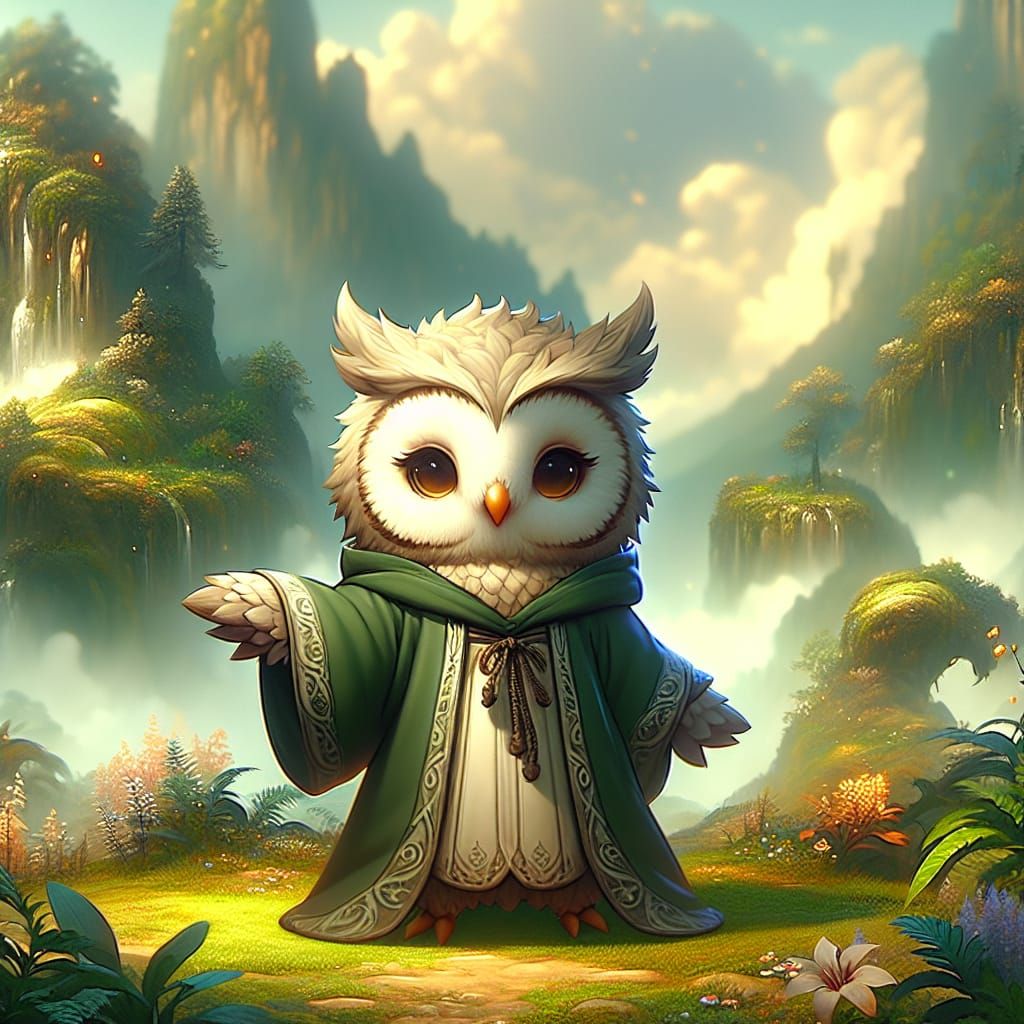 Cute Owlin Druid Student in Mystic Landscape