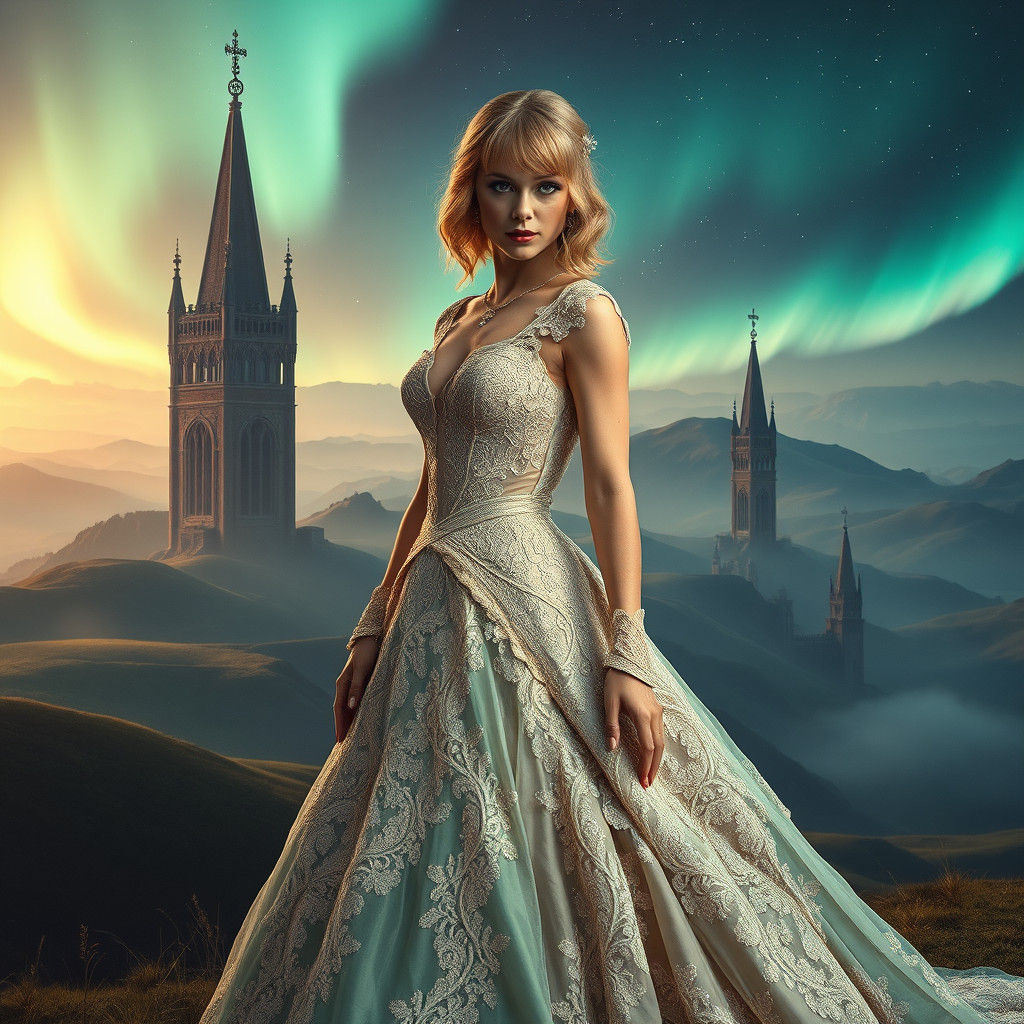 Victorian Taylor Swift in Dreamlike Landscape