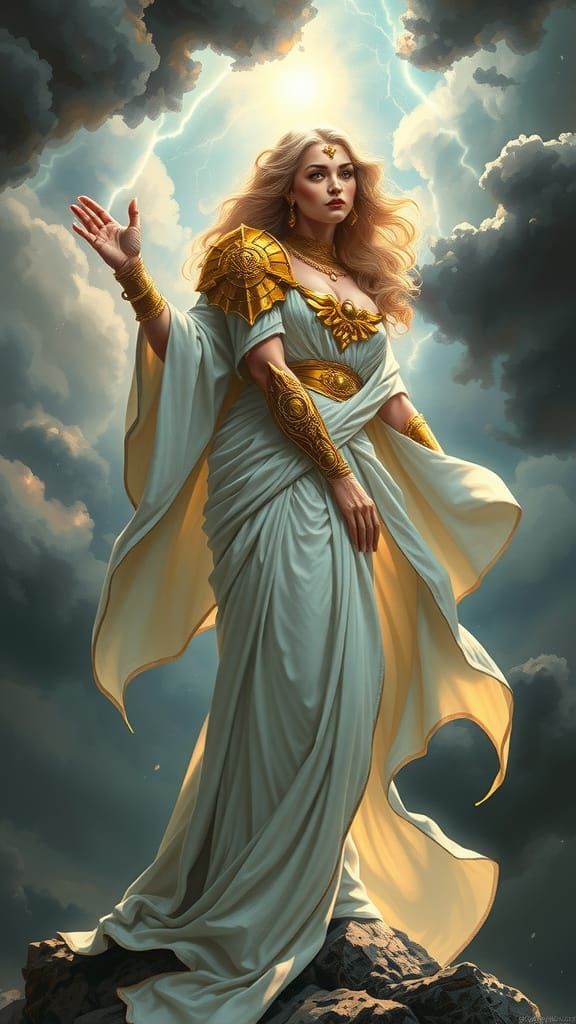 Mythic Goddess of Storms in Dramatic Lighting