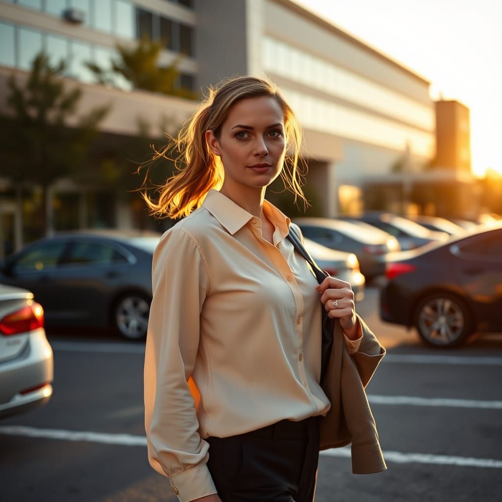 Confident Woman Leaving Hospital at Sunset