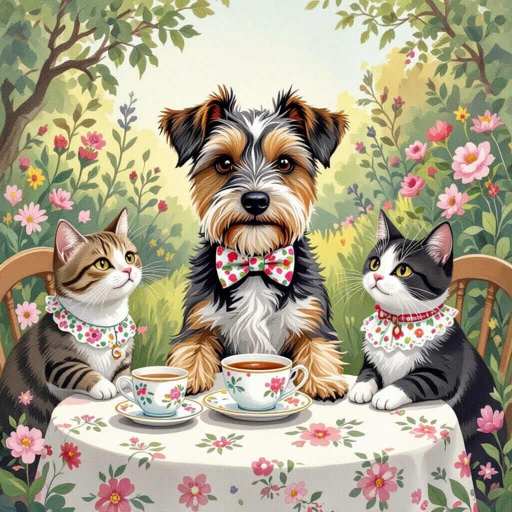 Whimsical Garden Tea Party in Watercolor Style