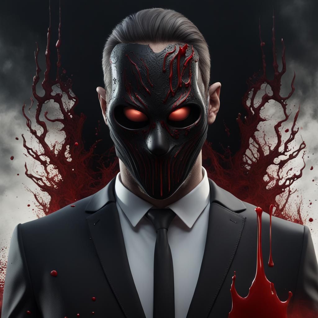 Man in Black Suit with Demonic Mask
