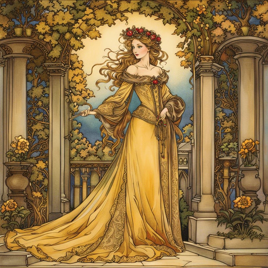 Medieval Maiden in Gold Ballgown, Arthur Rackham Style