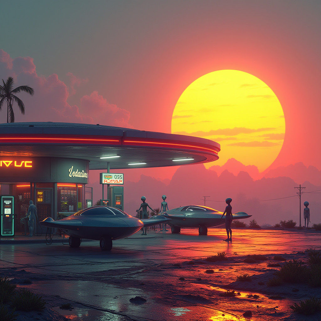 Futuristic Gas Station for Aliens at Dusk