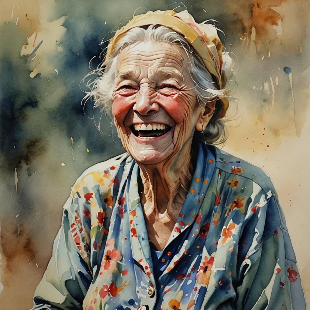 Laughing Old Woman Watercolor, Gurney Style