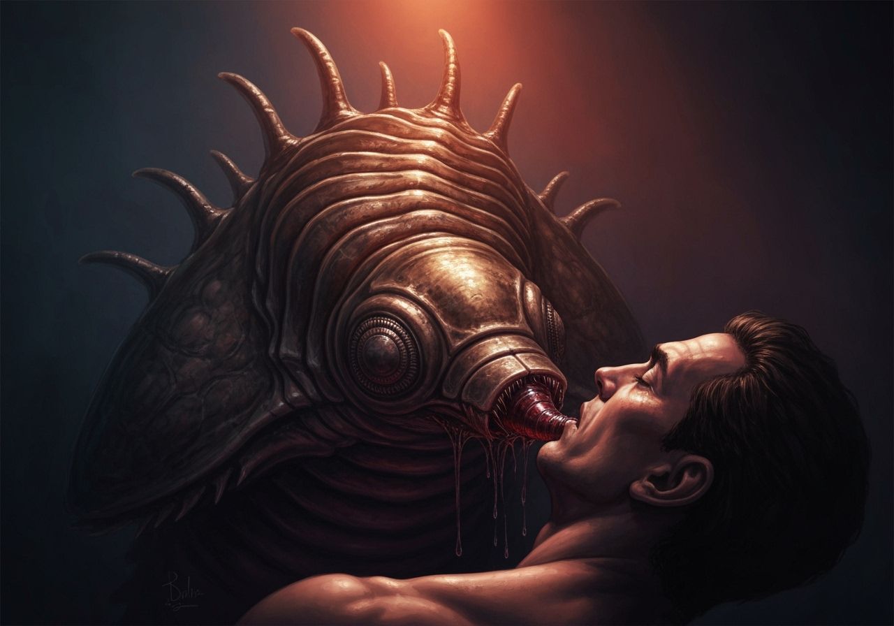 Alien Creature Attacks Human Host in Dark Fantasy Style