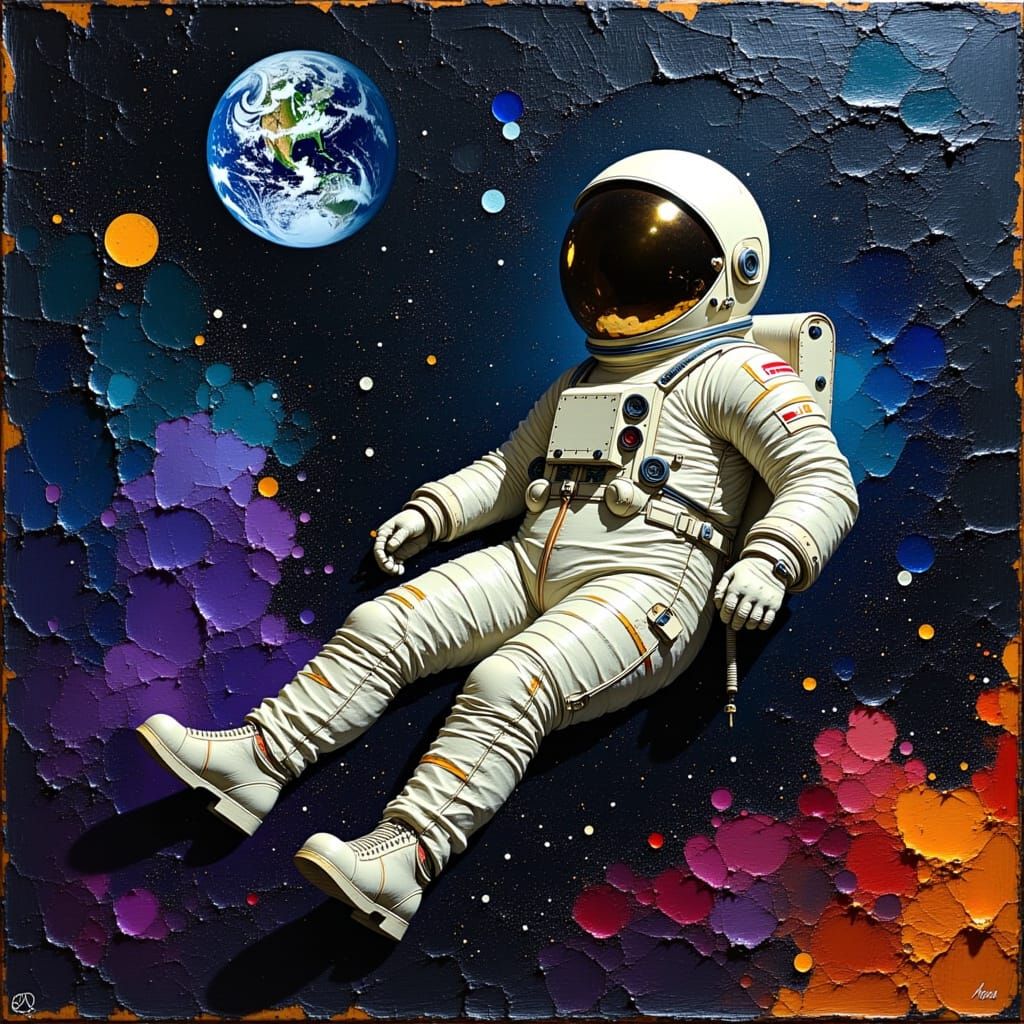 Astronaut in Spacesuit Among Stars, Oil Painting Style