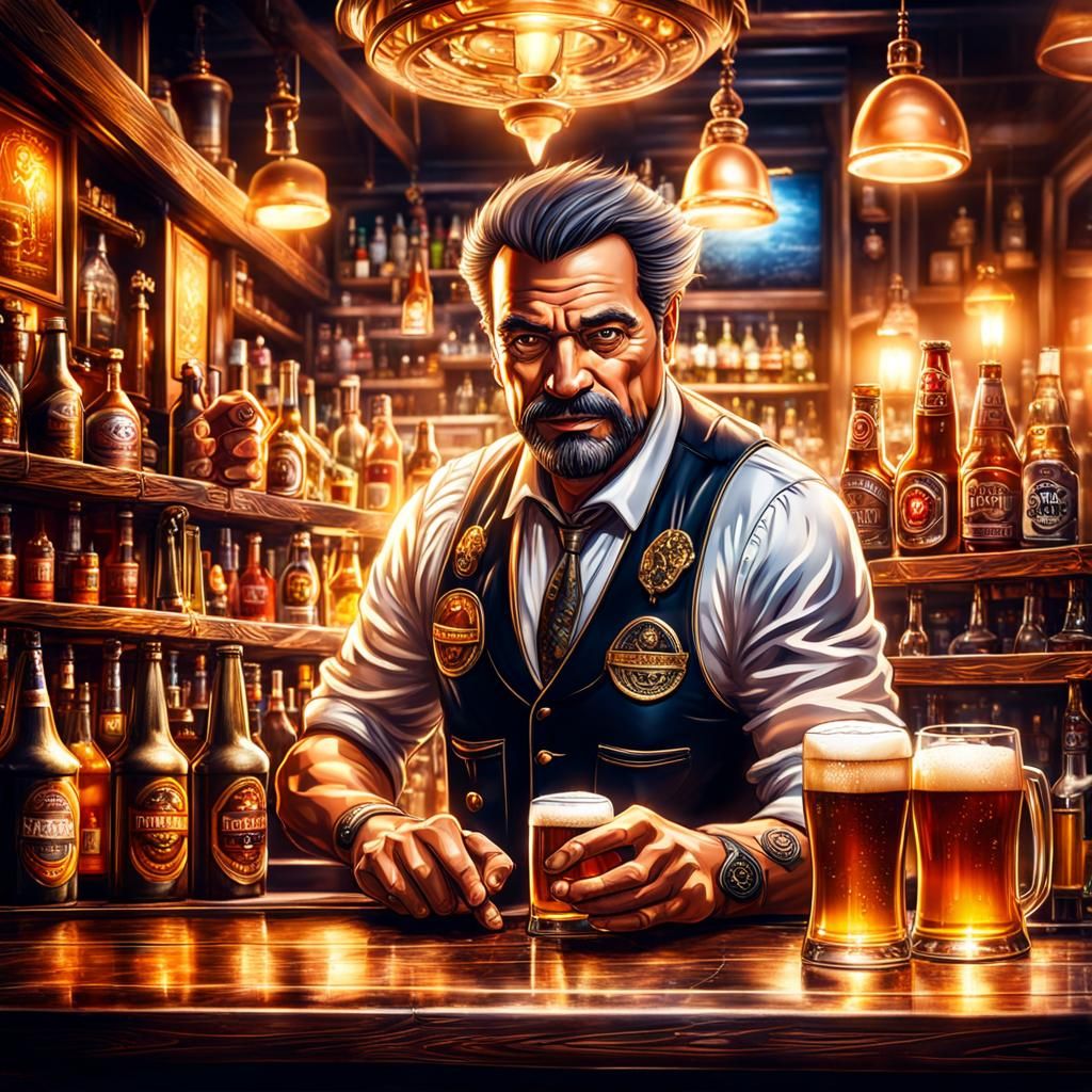 Fantasy Bartender Serving Beer in Moody Bar