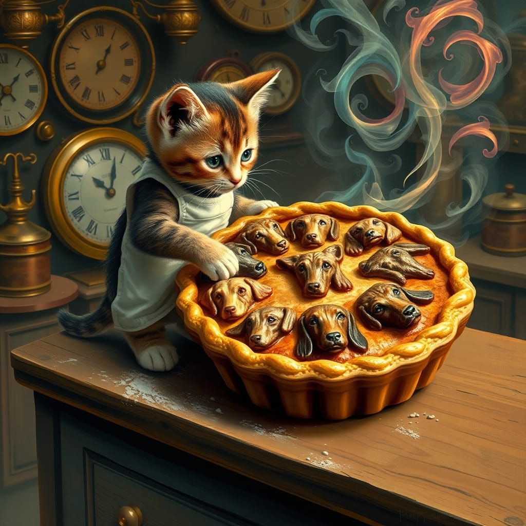 Steampunk Kitten Baking a Surreal Dog Pie