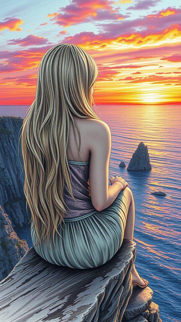 Woman Seated on Cliff's Edge, Gazing at the Vibrant Sunset S...