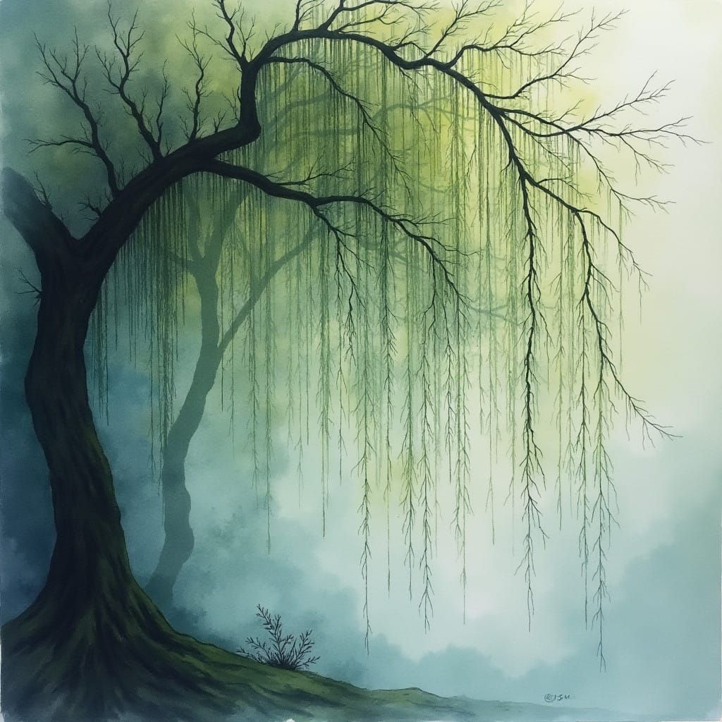 Ethereal Watercolor Weeping Willow Branch in Dark Hues