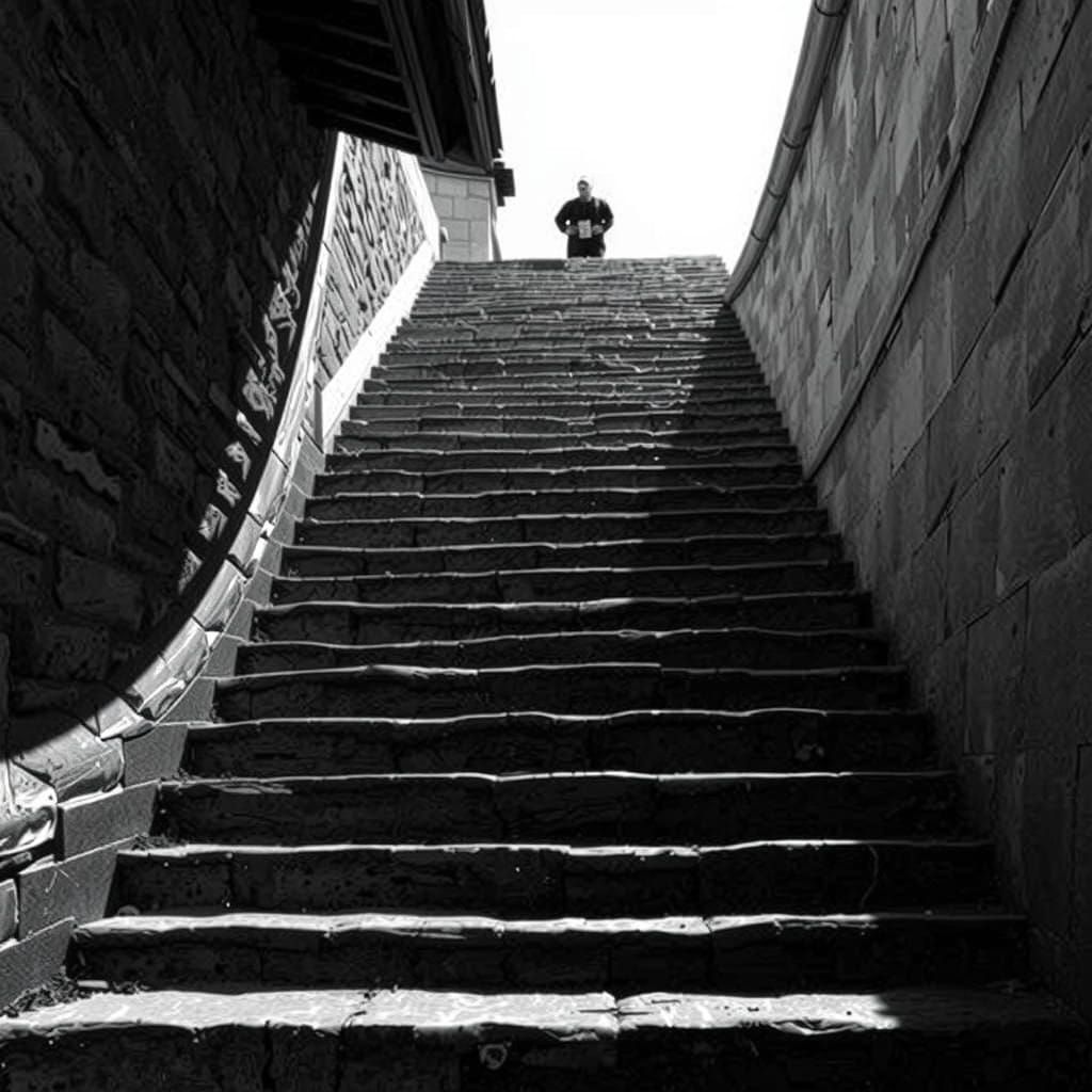Escher-Inspired Monochrome Stairway in a Surreal Landscape