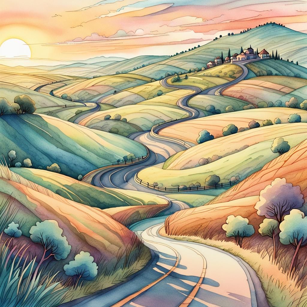 Idyllic Landscape Art with Winding Road and Sunset