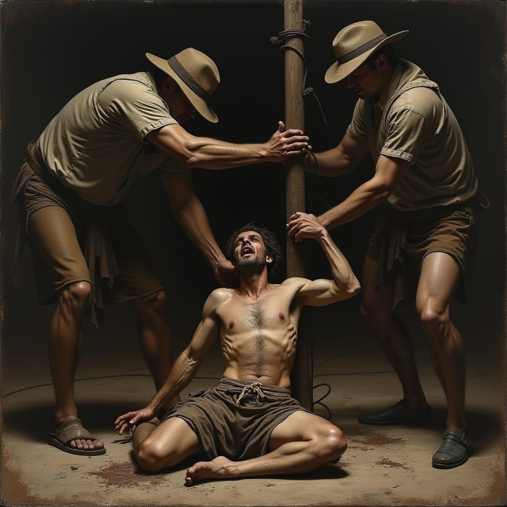 Defiant Man Glaring After Brutal Whipping, Chiaroscuro Style