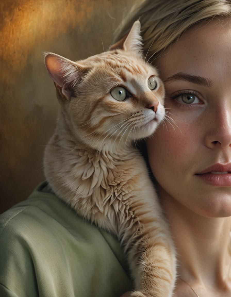 Cat Nuzzles Woman in Hyperrealistic Portrait