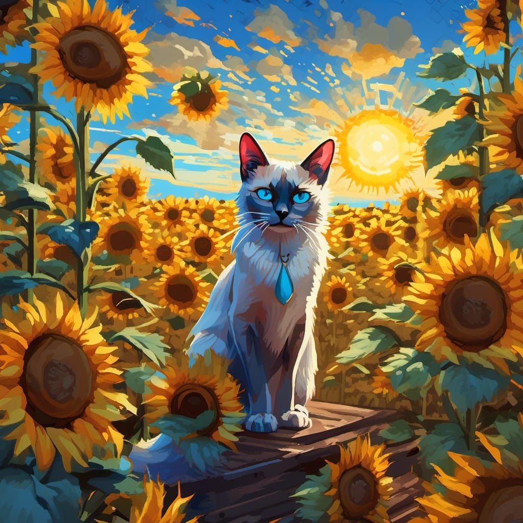 Siamese Cat in Sunflower Field: Van Gogh-Inspired Splash Art