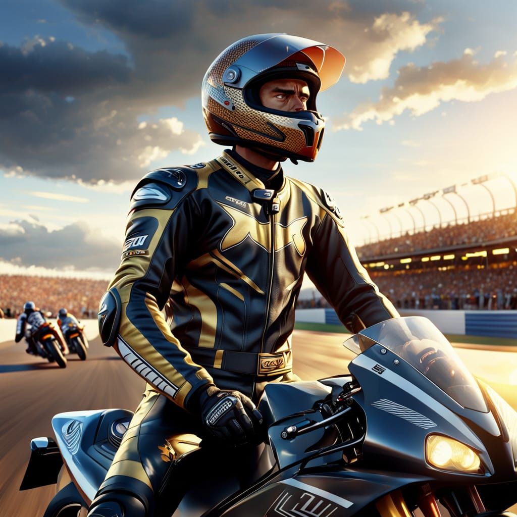 Motorcycle Racer on Grid in Golden Light