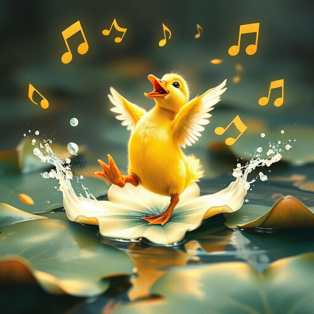Duckling's Joyful Dance on Lotus Leaf