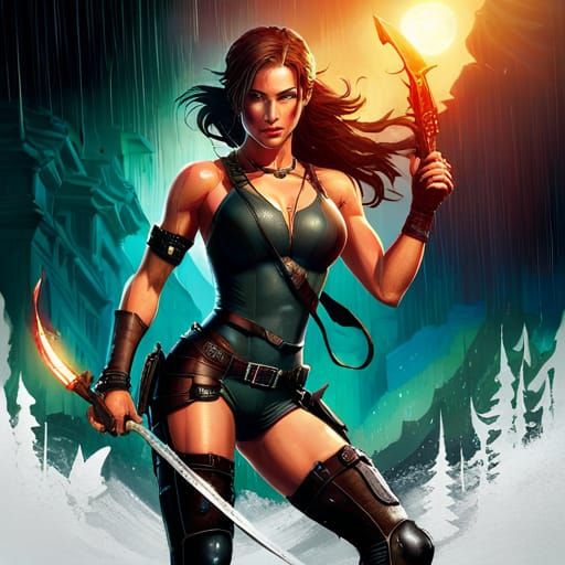 Lara Croft in Rainbow Rain: Digital Art