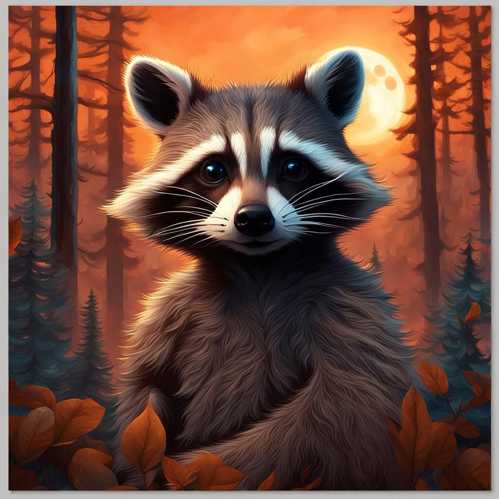 Fantasy Raccoon in Forest Under Full Moon