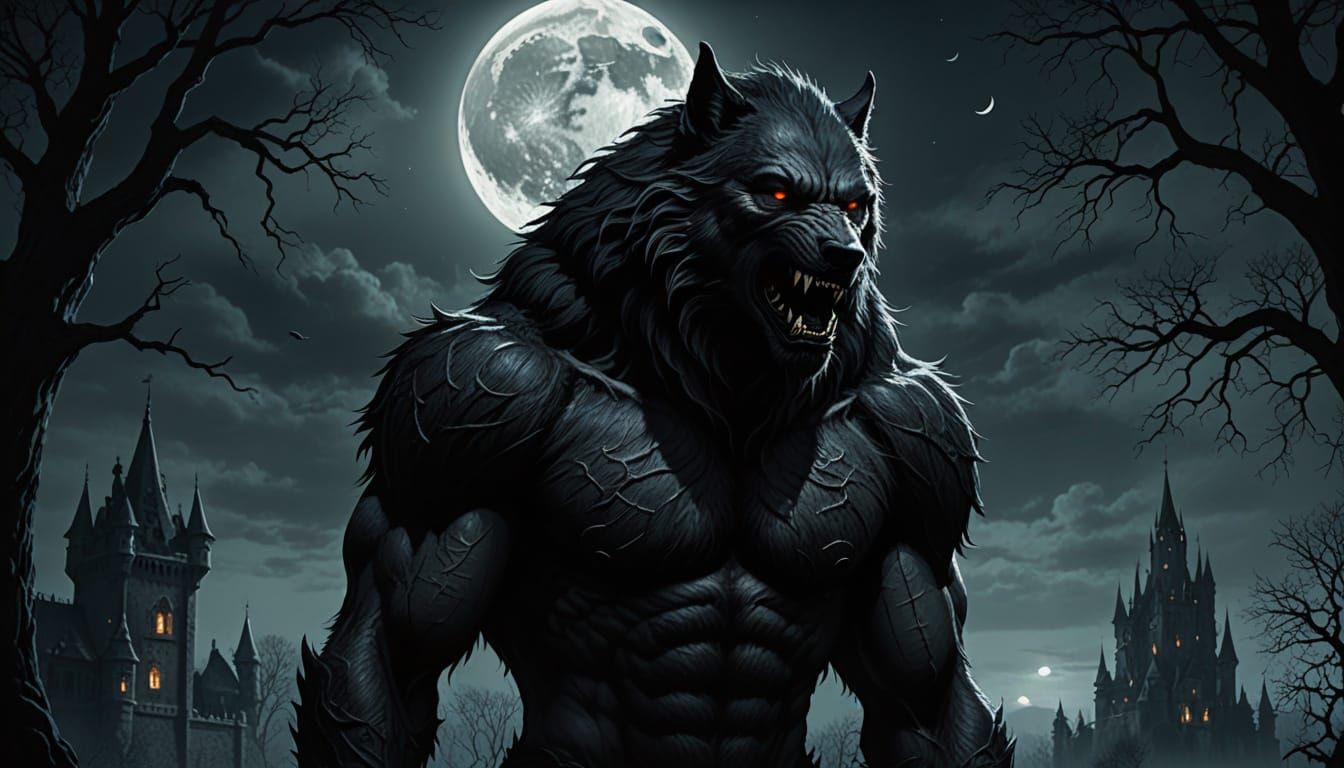 Werewolf's Sorrowful Howl on Castle Tower in Moonlight