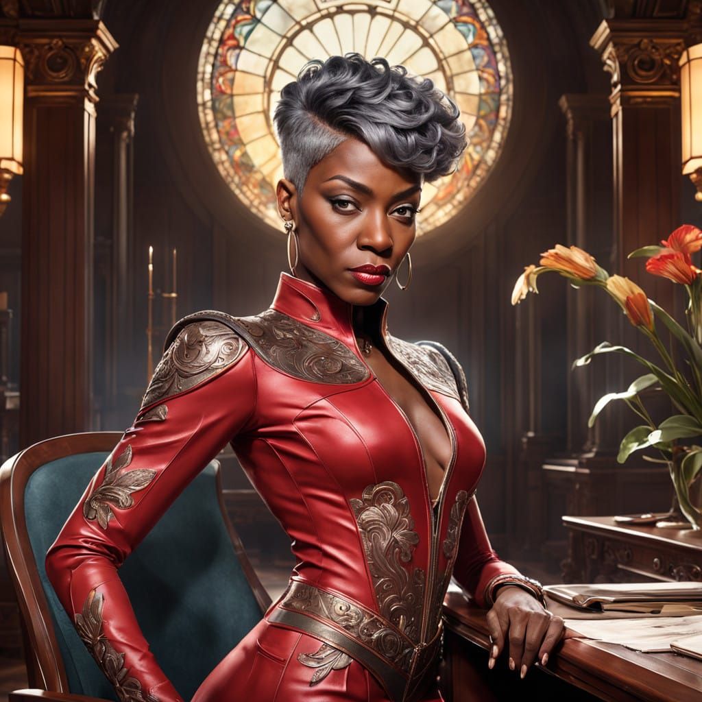 Confident Black Woman in Red Jumpsuit Behind Mahogany Desk