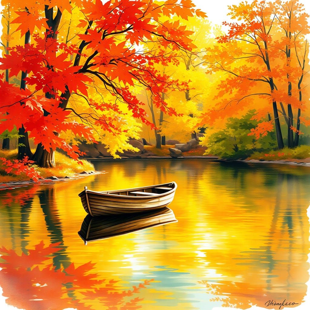 Autumn Lake Tranquility: Sunlight on a Small Boat in Waterco...