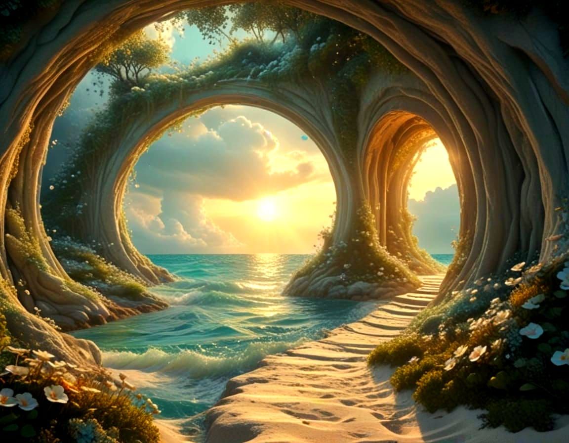 Whimsical Mountain Sanctum with Heavenly Portals