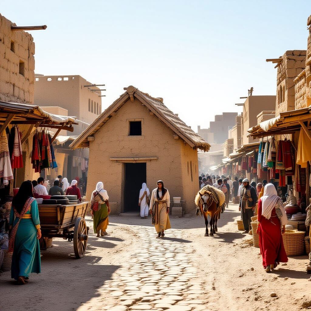 Ancient Assyrian Street Scene with Mud Brick House