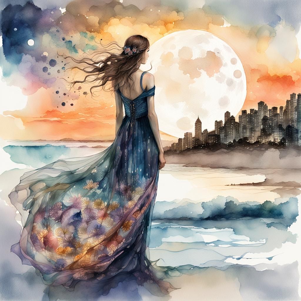 Girl Watches Sunset: Digital Watercolor Illustration