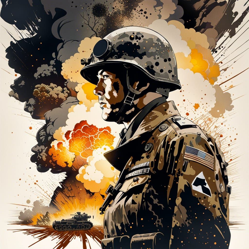 WW2 Portrait with Atomic Explosion Double Exposure