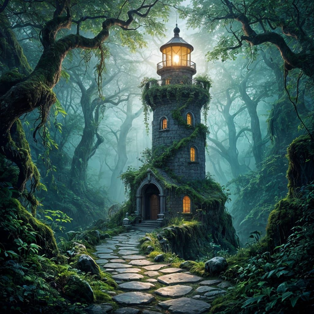 Ancient Lighthouse in Magical Forest, Ethereal Fantasy Art