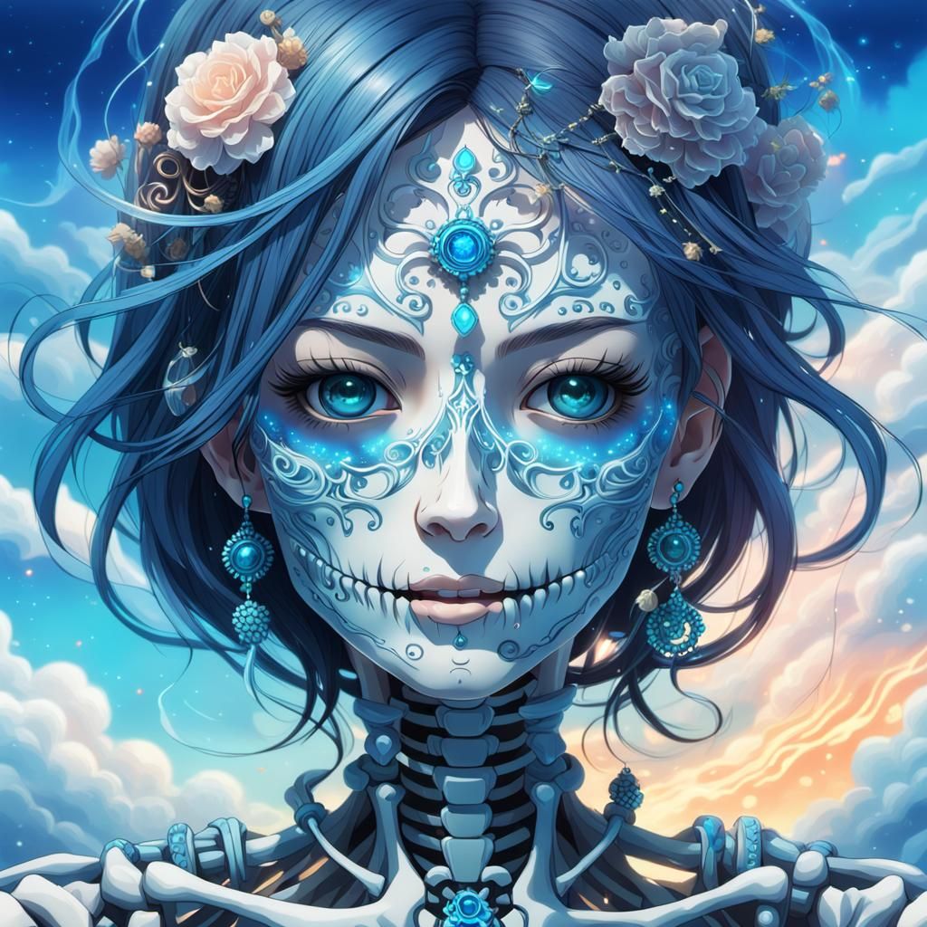 Surreal Anime Skeleton Girl Portrait in Blue