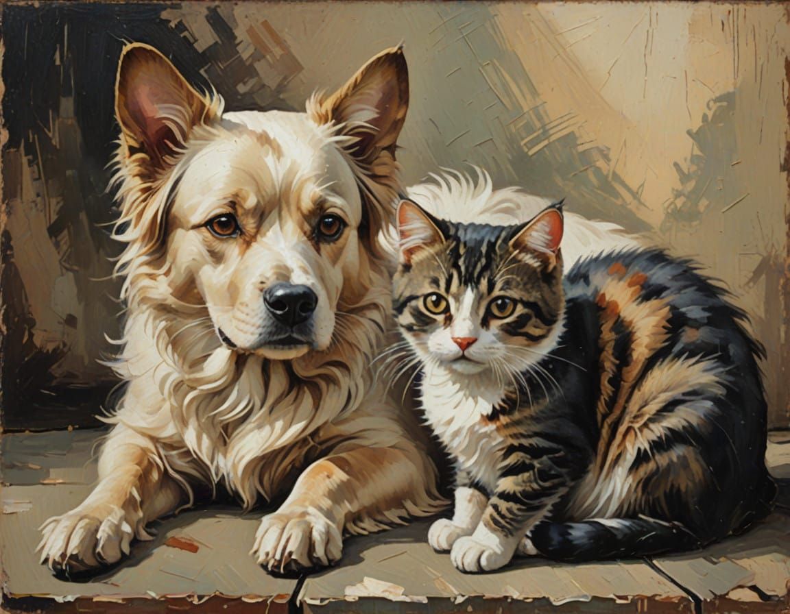 Furry Friends in a Vintage Oil Painting