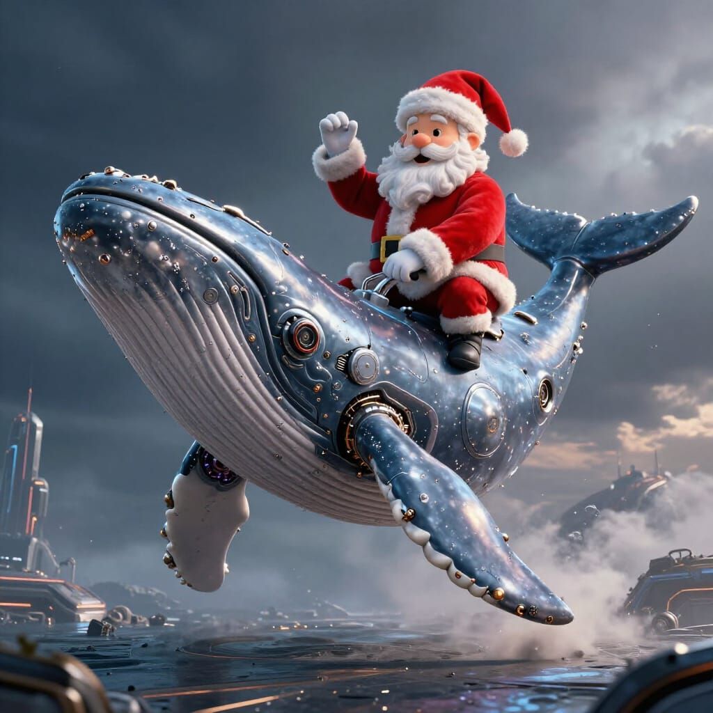 Whimsical Santa Whale in Futuristic Sci-Fi Landscape