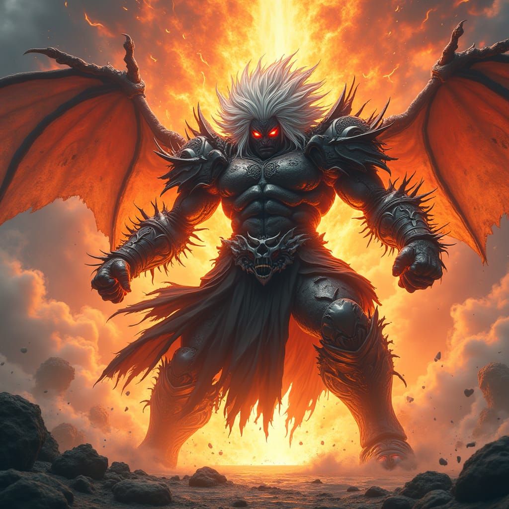 Colossal Warrior Unleashes Fiery Destruction in Anime Style