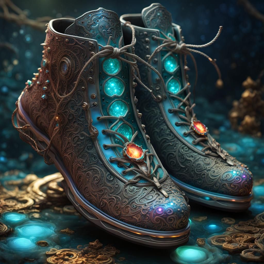 Bioluminescent Iron Walking Shoes in Dark Fantasy Style