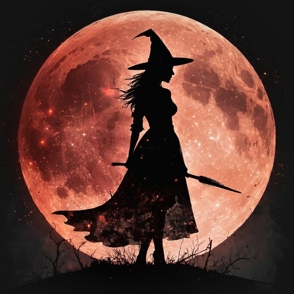 Silhouette Witch with Blood Moon, Digital Collage