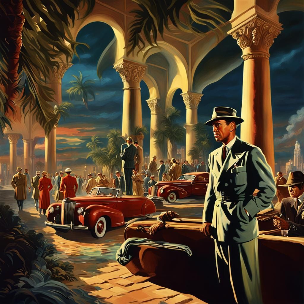 Casablanca Inspired Scene in Classic Film Noir Style