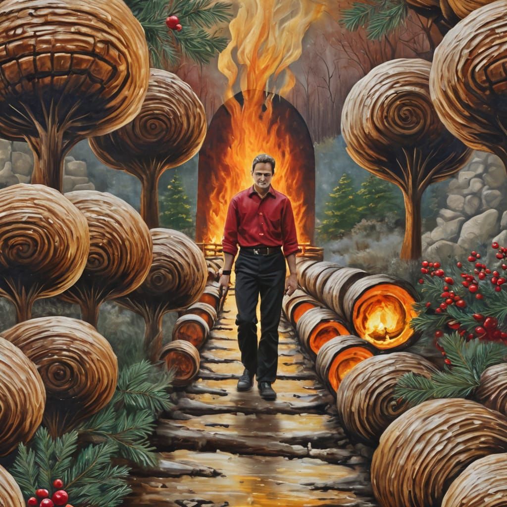 Encaustic Wax Painting of a Yule Log in Flames