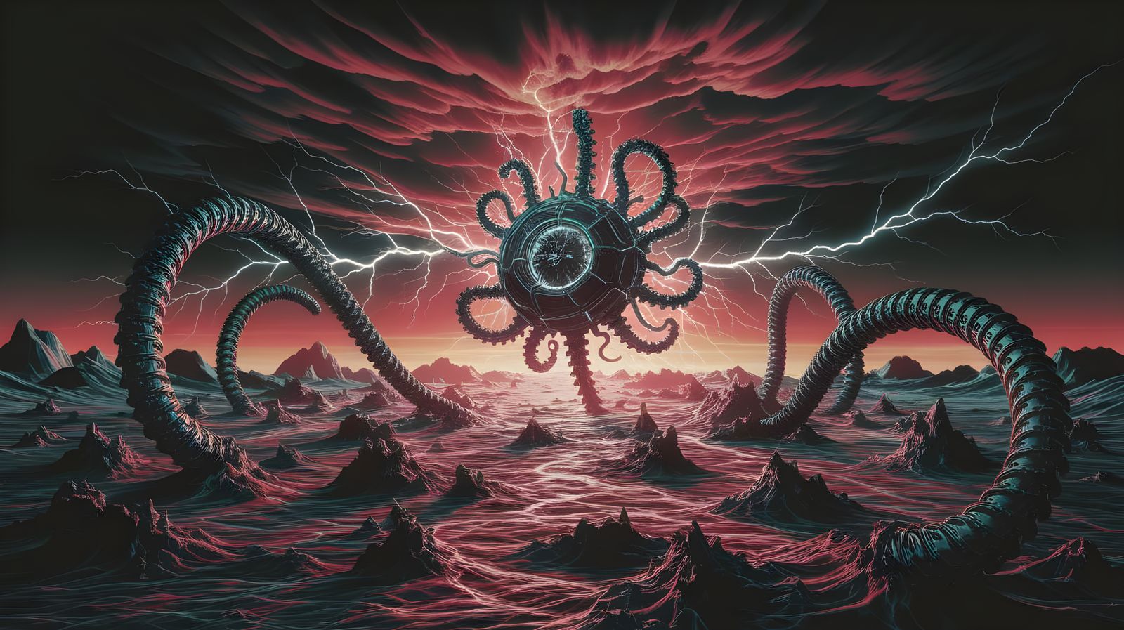 Biomechanical Valknut Pulses Dark Energy in Surreal Art