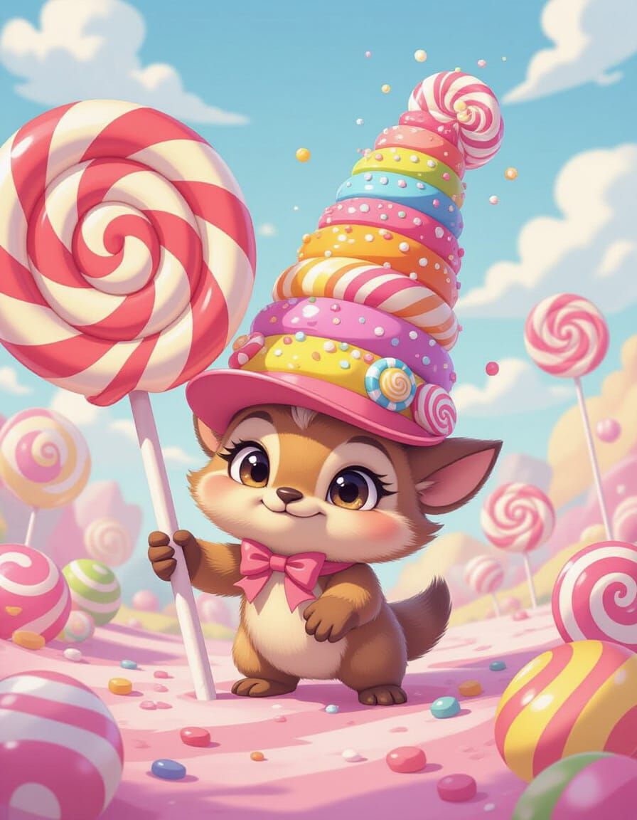 Mischievous Creature Wears Candy Cap in Whimsical Landscape
