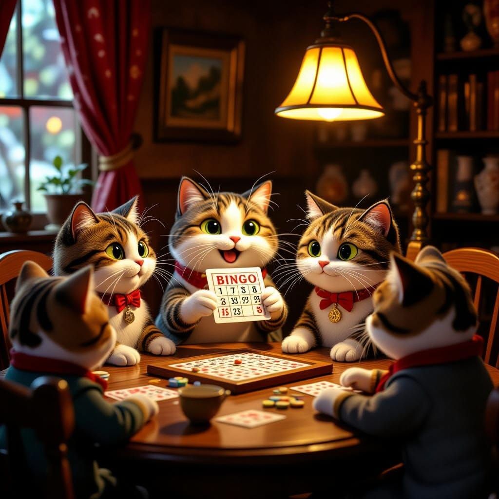 Whimsical Cats Play Bingo in Cozy Storybook Style