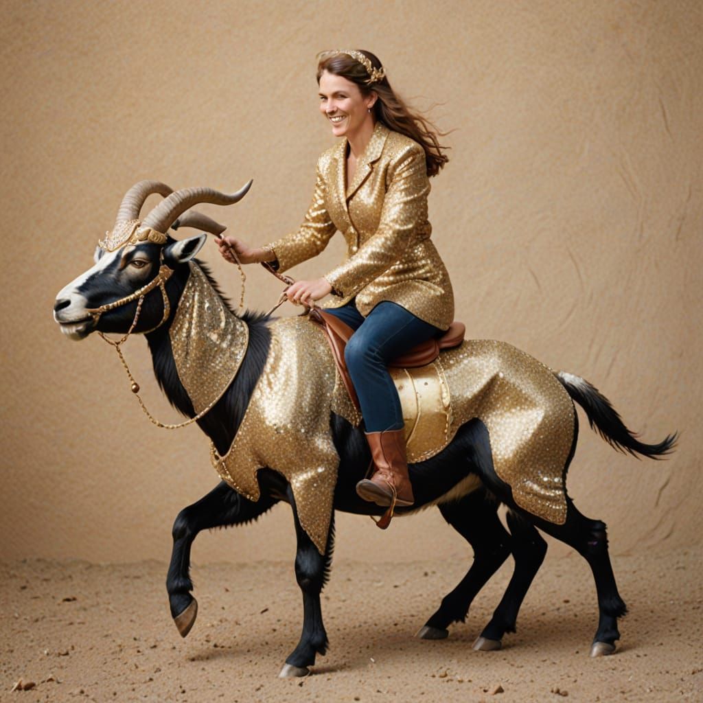 Woman Rides Glittering Goat in Fantasy Scene