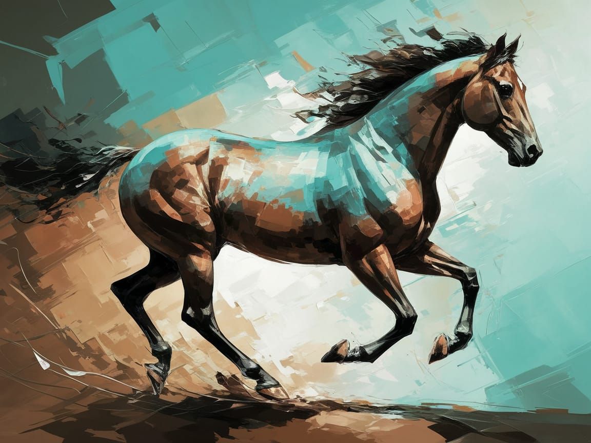 Energetic Abstract Horse in Turquoise and Brown