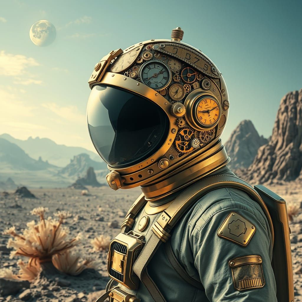 An astronaut on a desolate alien planet, wearing a helmet cr...